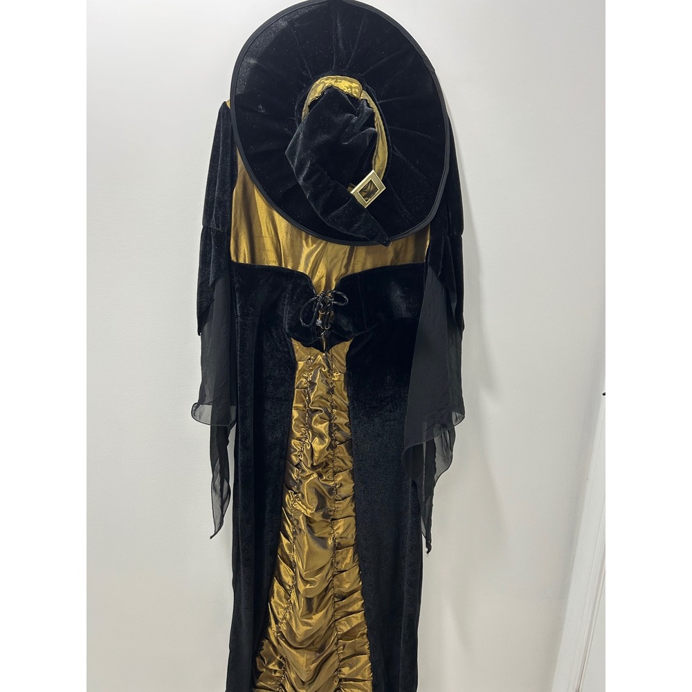 Witch Costume Set Black Velvet Gold Metallic Corset Gown and Hat Womens M/Large